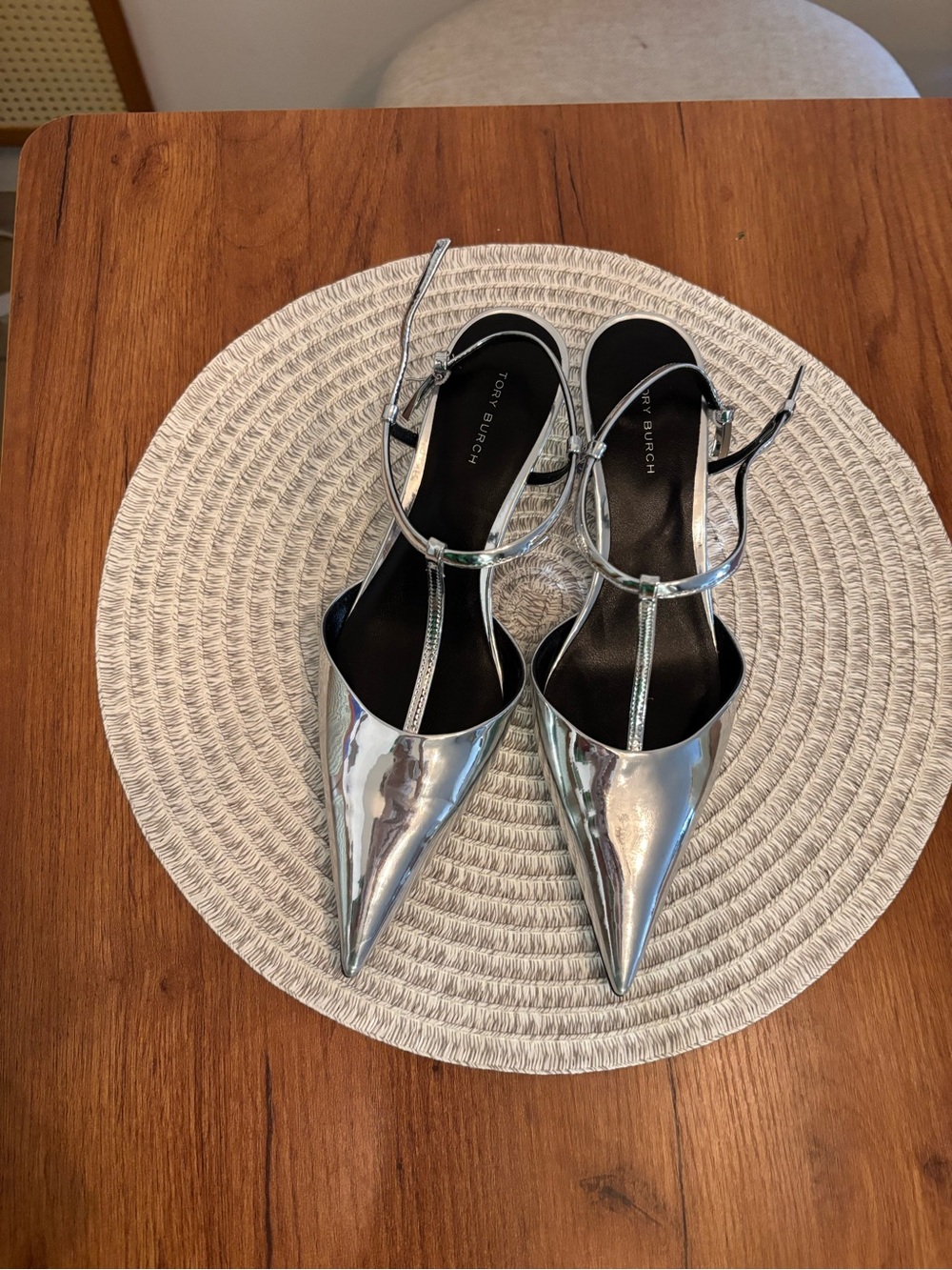Tory Burch Silver Pointed-Toe Slingback Flats with T-Strap - Picture 2 of 4